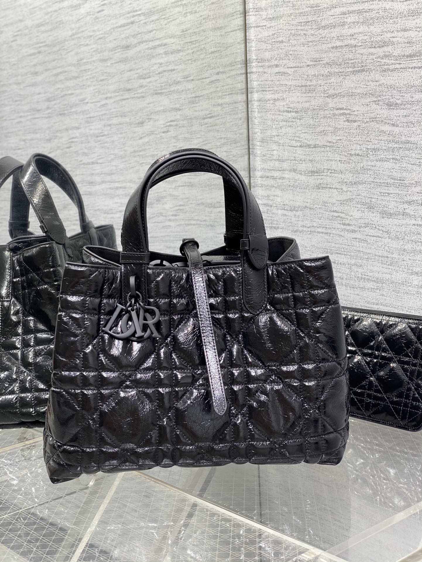 Medium Dior Toujours Bag Black Macrocannage Crinkled Calfskin